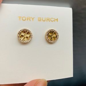 Tory Burch Crystal Circle Logo Gold Stud Earrings